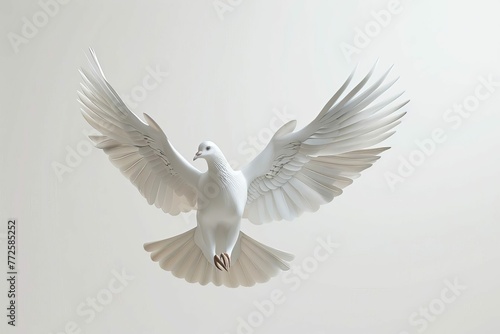 Majestic white dove flying freely against a pure white background, 3D illustration © Lucija
