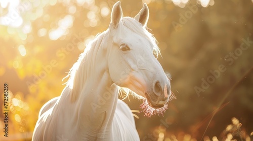 Animal photography white horse with natural background in the sunny view. AI generated image
