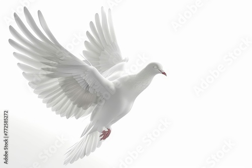 Majestic white dove flying freely against a pure white background, 3D illustration