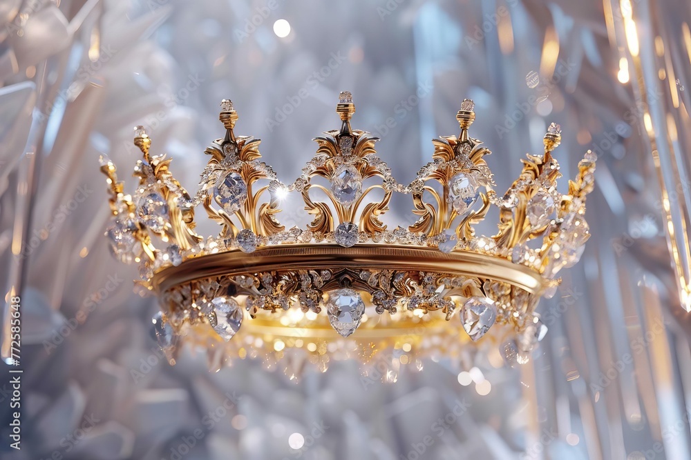 Majestic golden crown suspended in mid-air against pure crystal background, 3D illustration