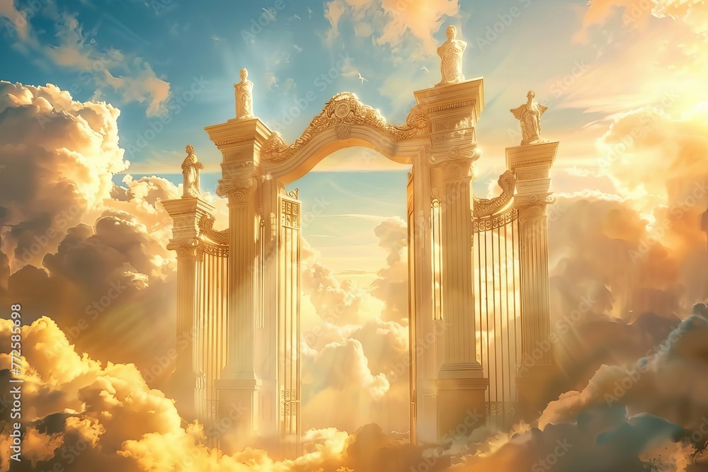 Majestic gateway to the Kingdom of God in the heavenly sky with ethereal clouds, spiritual illustration - obrazy, fototapety, plakaty 