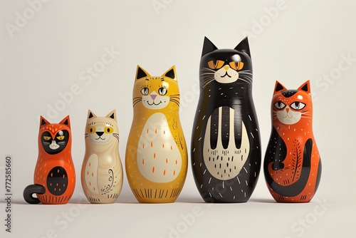 Set of Five Decorative Matryoshka Cat Dolls. Animal Nesting Dolls photo