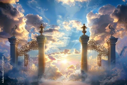 Majestic gateway to the Kingdom of God in the heavenly sky with ethereal clouds, spiritual illustration