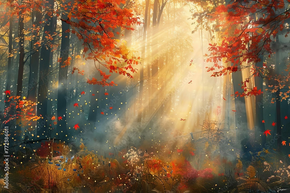 Majestic Autumn Morning Sunbeams Piercing Through Misty Forest, Enchanting Woodland Landscape Digital Painting