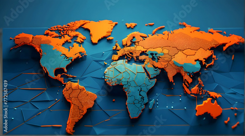 Digital artwork of a 3D world map with contrasting orange and blue countries against a dark blue grid background photo