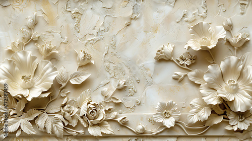 Venetian plaster texture with floral plasterwork,  beige background, high resolution decoration material © Kateryna Sharko