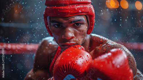 Boxer with red boxing gloves and helmet. Generative AI