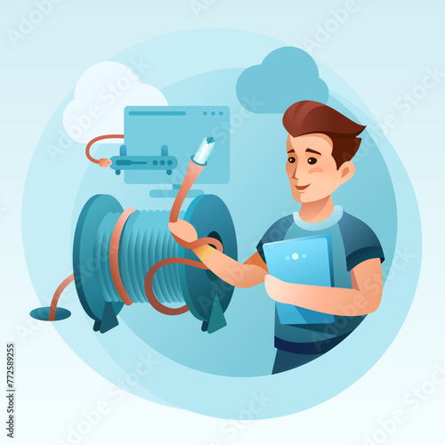Fiber Optic Cable Installation Illustration - Network Infrastructure and Global Internet Connection, Man, Boy
