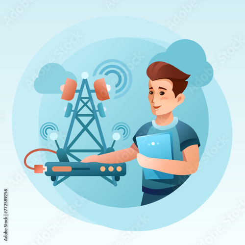 Internet Service Provider Illustration - Network Infrastructure and Global Internet Connection, Boy, Man