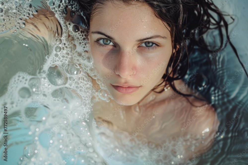 Woman Floating in Pool With Hair in Air Woman Floating in Pool With Hair in Air