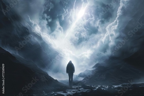 Man walking through dark valley guided by divine light, trusting in God's strength, Spiritual concept illustration