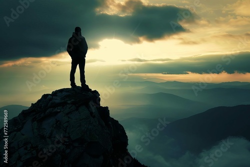 Man standing on mountain top looking into distance, silhouette in majestic landscape - Spiritual concept photo