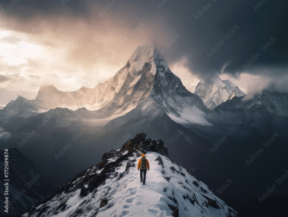 Lone Explorer on a Snowy Mountain Ridge at Dawn