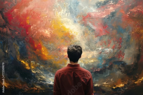 Man contemplating abstract painting of heavens in art gallery, exploring concept of faith, digital illustration