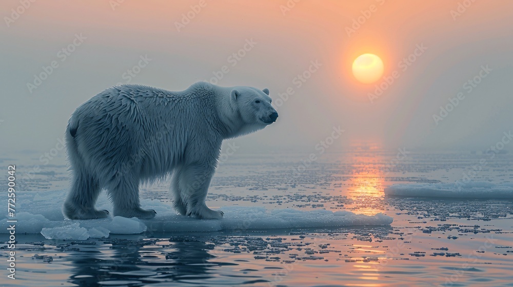 A polar bear standing on thin ice surrounded by a calm ocean under a bright, sunny sky A polar bear standing on thin ice surrounded by a calm ocean under a bright, sunny sky