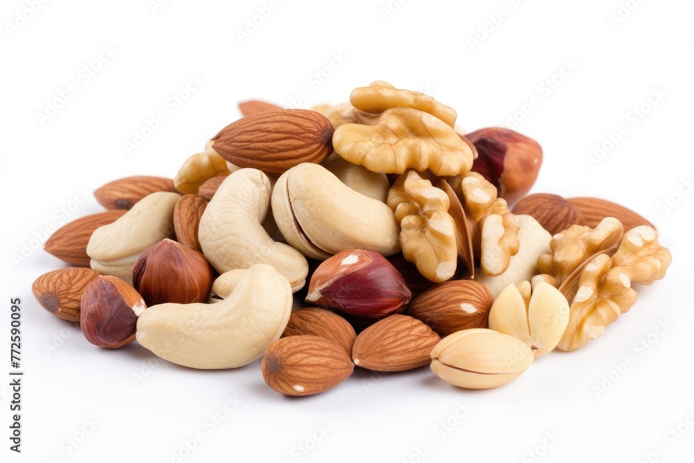 Assorted Nuts Heap on Bright White Backdrop Assorted Nuts Heap on Bright White Backdrop