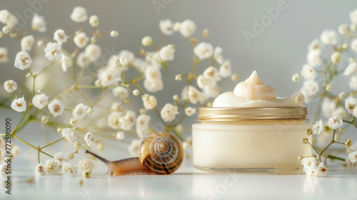 Organic cosmetics made with mucin and snail on table. Cream in a jar photo