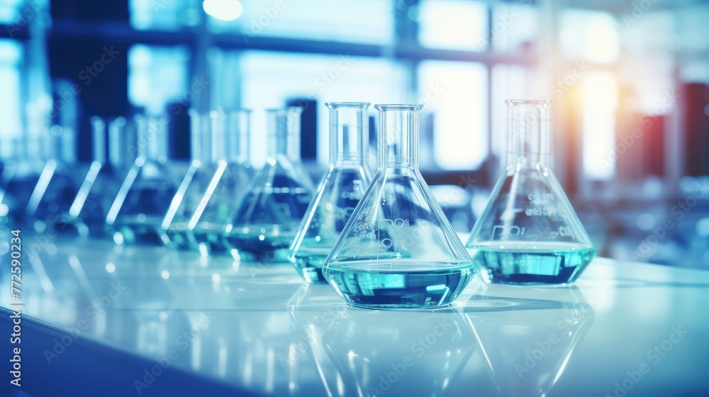 Science Laboratory Research with Flasks and Blue Liquid Science Laboratory Research with Flasks and Blue Liquid