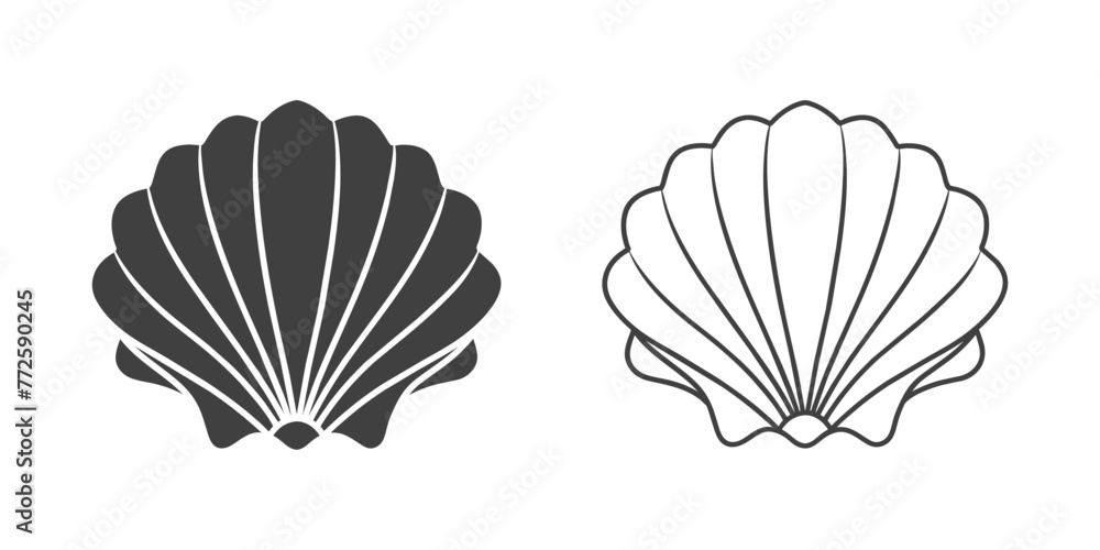 Scallop seashell logo. Isolated silhouette and contour drawing of a scallop on a white background. Vector - obrazy, fototapety, plakaty 