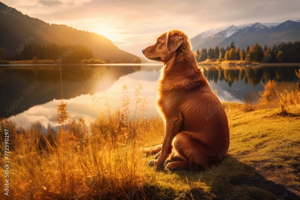 Serene Dog Enjoying Sunset by the Lake