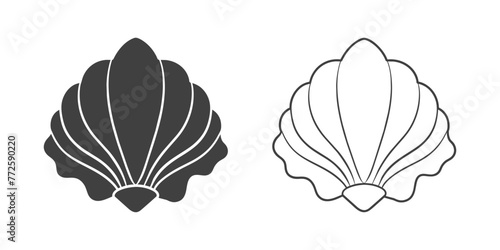 Scallop seashell logo. Isolated silhouette and contour drawing of a scallop on a white background. Vector