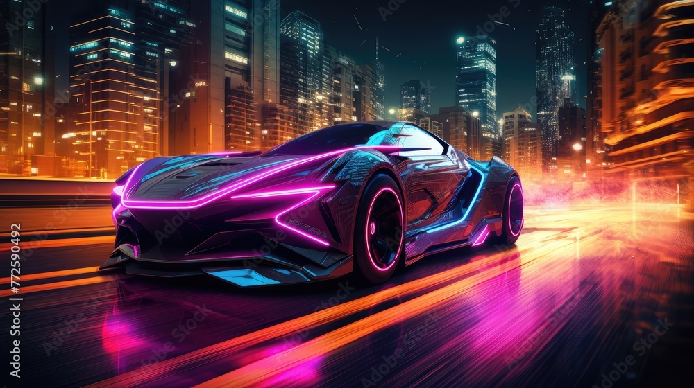 Futuristic Sports Car Speeding Through Neon City