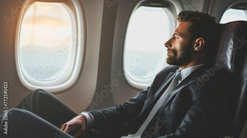 Business man sitting in airplane and looking at window wallpaper background photo
