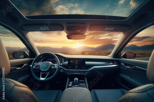 Luxury Car Interior on a Scenic Sunset Drive © evening_tao
