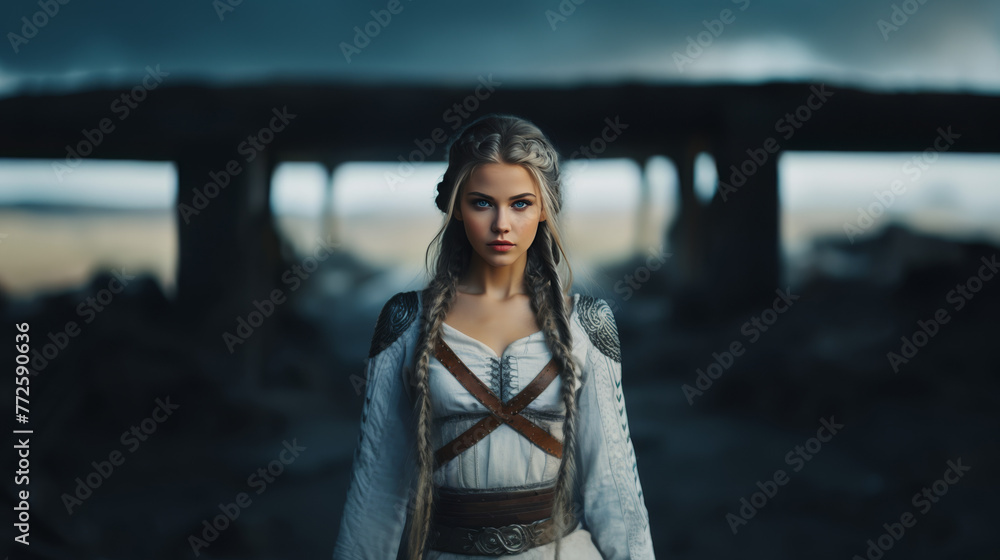 Portrait of a Shield Maiden Viking Woman near Ruins. Piercing Blue Eyes with Braided Blonde Dark Hair. Old Viking Costume.