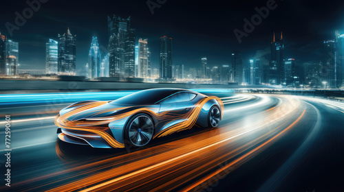 Futuristic Concept Car Speeding in a Neon City © evening_tao