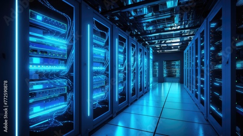Futuristic Server Room with Blue Neon Lights