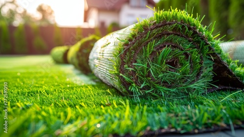 Natural landscaping grass turf rolls backyard wallpaper background photo