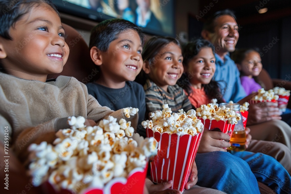 A group of people, including children, are sitting in a theater A group of people, including children, are sitting in a theater