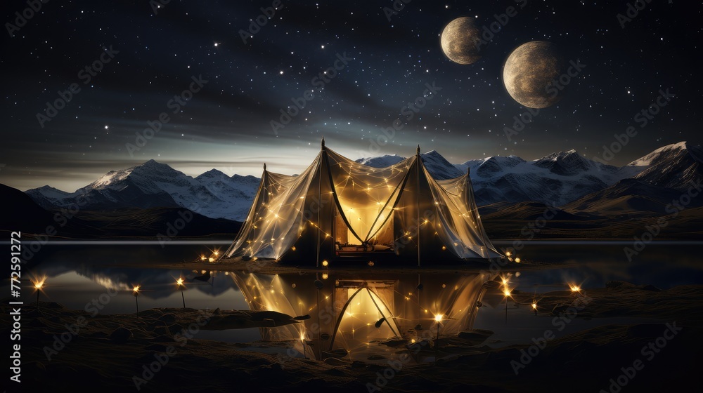 Serene Night Camping by Reflective Mountain Lake Serene Night Camping by Reflective Mountain Lake