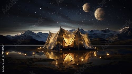 Serene Night Camping by Reflective Mountain Lake