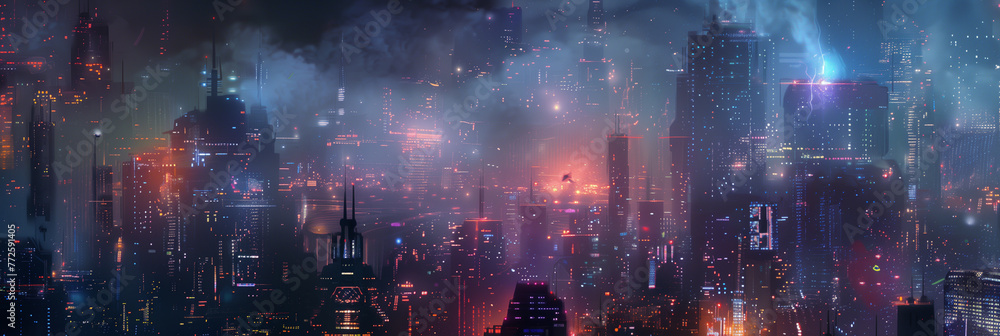 Naklejka premium Illustration. Cyberpunk futuristic background panorama of big city. wide banner. Space for text. Mixed style painting. poster, business card, invitation, flyer, email, header. Generative Ai content