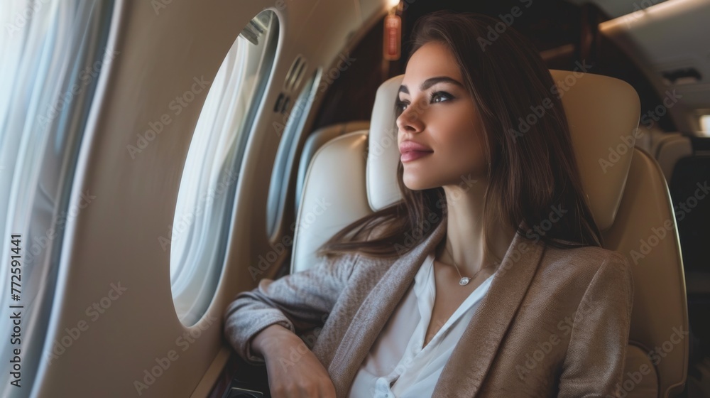 Young woman sitting in airplane and looking at window wallpaper background Young woman sitting in airplane and looking at window wallpaper background