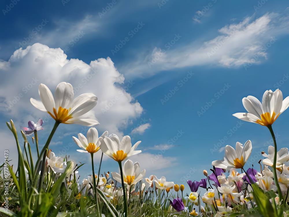 field of daisies against blue sky