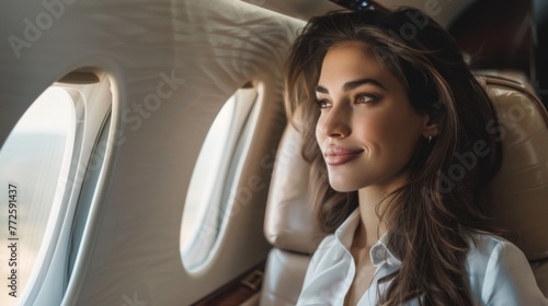Young woman sitting in airplane and looking at window wallpaper background 
