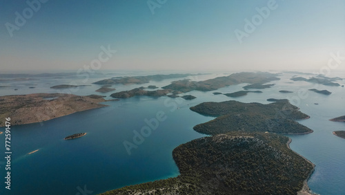 Drone wide panoramic view of Telascica bay, islands to horizon in blue waters of Adriatic Sea, Croatia photo