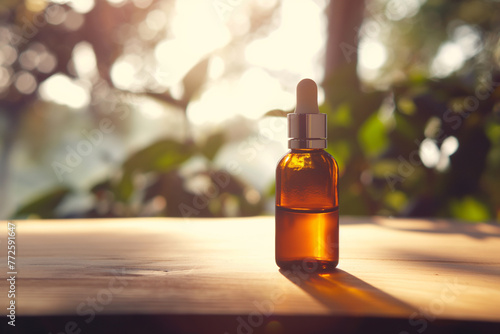 A dropper bottle of aromatherapy essential oil on a table outdoors © Madeleine Steinbach
