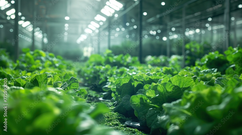 Lush field of plants inside greenhouse, thriving with greenery Lush field of plants inside greenhouse, thriving with greenery