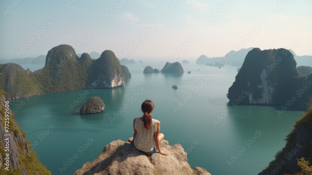 A young traveler girl sit on the top of mountain in Halong bay and enjoy the beauty of seascape.