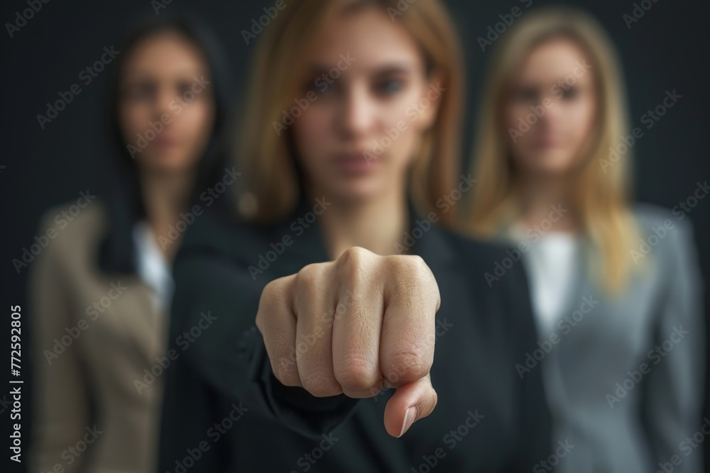 A focused woman with her team behind her points directly at the viewer, signaling recruitment. A focused woman with her team behind her points directly at the viewer, signaling recruitment.