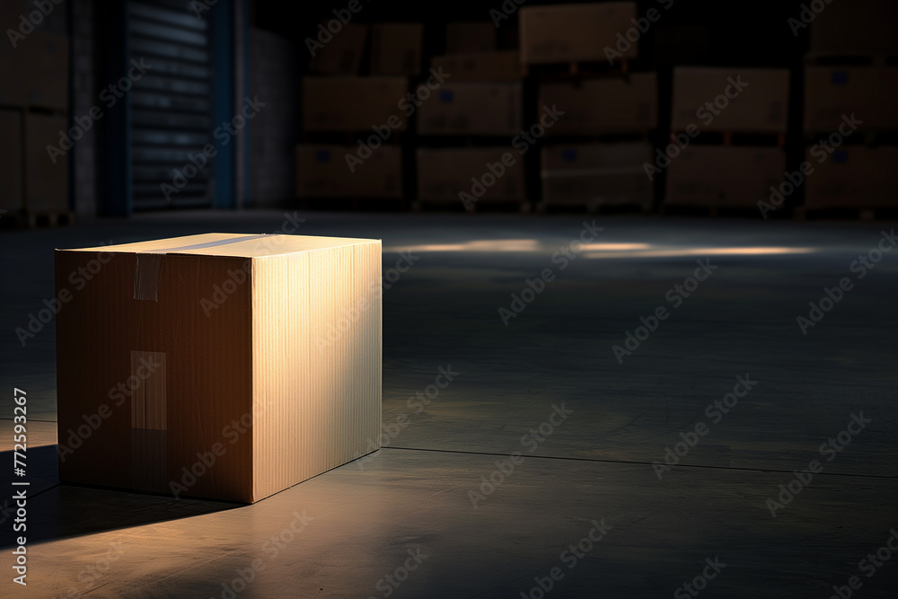 Lost cardboard box in warehouse in sunlight Lost cardboard box in warehouse in sunlight