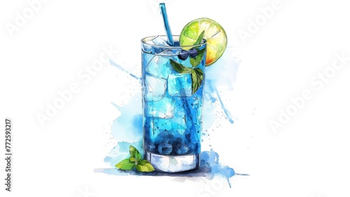 water colour clipart fresh blue lagoon in highball glass cocktail in a white background 