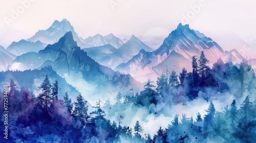 A mountain range with a blue sky and a few trees. The mountains are covered in a misty blue haze