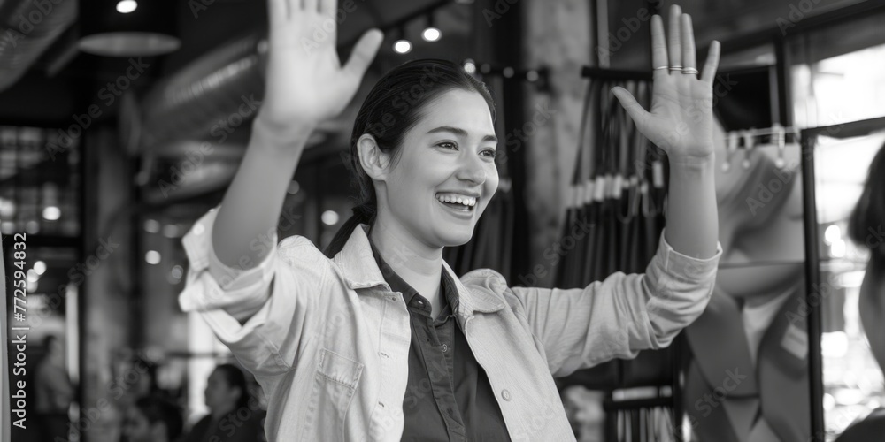 A woman is smiling and waving at the camera. She is wearing a white shirt and a grey jacket A woman is smiling and waving at the camera. She is wearing a white shirt and a grey jacket