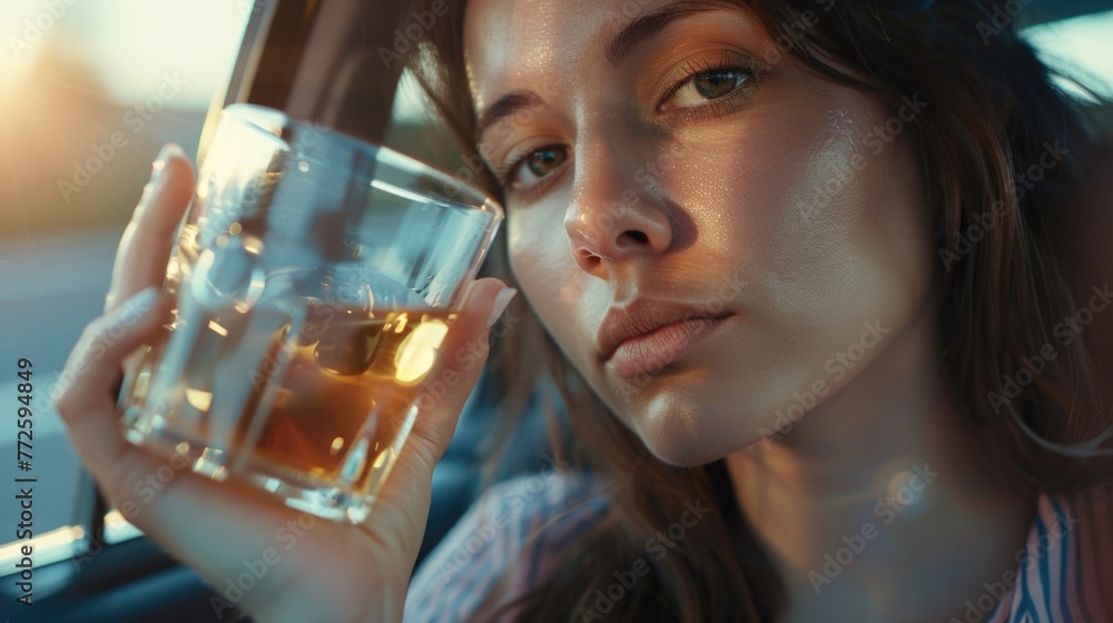 A woman is holding a glass of alcohol in her hand. She has a serious expression on her face A woman is holding a glass of alcohol in her hand. She has a serious expression on her face