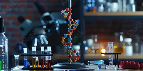 A lab table with many beakers and test tubes, one of which has a DNA strand in it